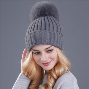 Xthree mink and fox fur ball cap pom poms winter hat for women girl 's hat knitted  beanies cap brand new thick female cap
