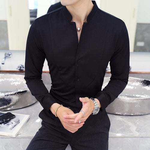 Fall Winter Stand Collar Mens Long-sleeved Dress Shirts Black Red White Slim Elegant Youth Male Business Wedding Formal Shirt