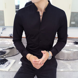 Fall Winter Stand Collar Mens Long-sleeved Dress Shirts Black Red White Slim Elegant Youth Male Business Wedding Formal Shirt