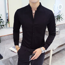 Load image into Gallery viewer, Fall Winter Stand Collar Mens Long-sleeved Dress Shirts Black Red White Slim Elegant Youth Male Business Wedding Formal Shirt