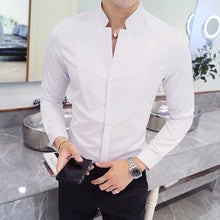 Load image into Gallery viewer, Fall Winter Stand Collar Mens Long-sleeved Dress Shirts Black Red White Slim Elegant Youth Male Business Wedding Formal Shirt