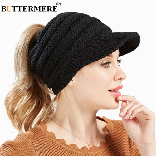 BUTTERMERE Black Messy Bun Beanie Women Ponytail Beanies Autumn Winter Hats Female Soft Knitting Caps Warm Solid Ladies Skullies