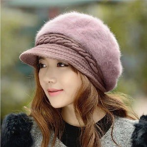 BINGYUANHAOXUAN New Fashion Adjustable Winter Women Rabbit Fur Beret Hat Solid Flat Cap Warm Earmuffs Knitted Wool Beanie Hat