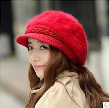Load image into Gallery viewer, BINGYUANHAOXUAN New Fashion Adjustable Winter Women Rabbit Fur Beret Hat Solid Flat Cap Warm Earmuffs Knitted Wool Beanie Hat