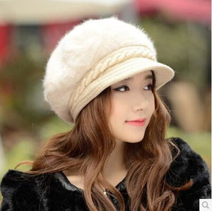 BINGYUANHAOXUAN New Fashion Adjustable Winter Women Rabbit Fur Beret Hat Solid Flat Cap Warm Earmuffs Knitted Wool Beanie Hat