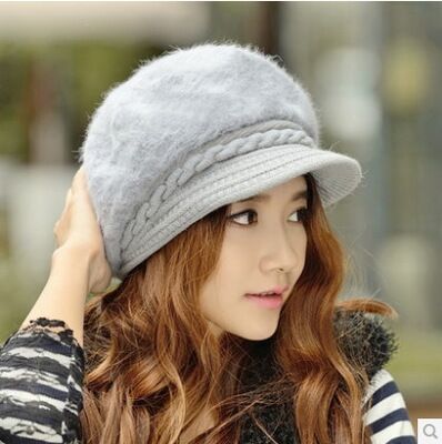BINGYUANHAOXUAN New Fashion Adjustable Winter Women Rabbit Fur Beret Hat Solid Flat Cap Warm Earmuffs Knitted Wool Beanie Hat
