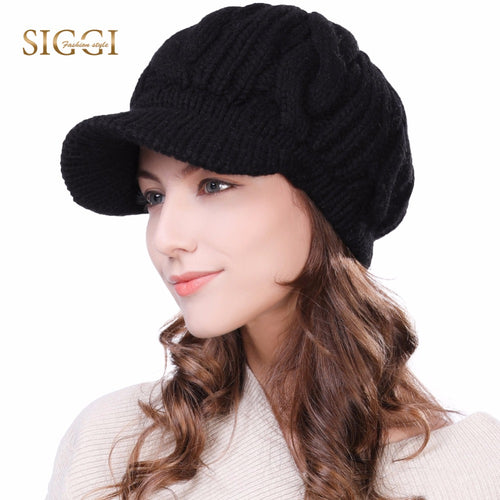 FANCET Women Knitted Newsboy Cap Beanie Winter Hat 100% Merino Wool Autumn for Girl Visor Thick Cabbie Duckbill Caps 10120